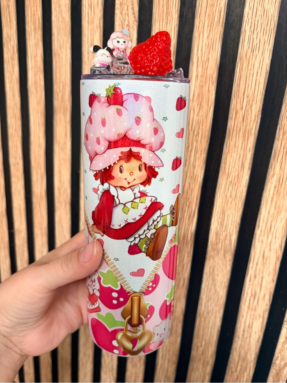 Cute Pink Strawberry Character Travel Tumbler - Decorative Kids Bottle
